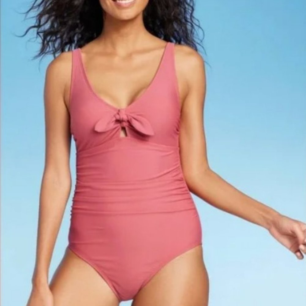 Kona Sol Tie Front Ruched Full Coverage One Piece Swimsuit S